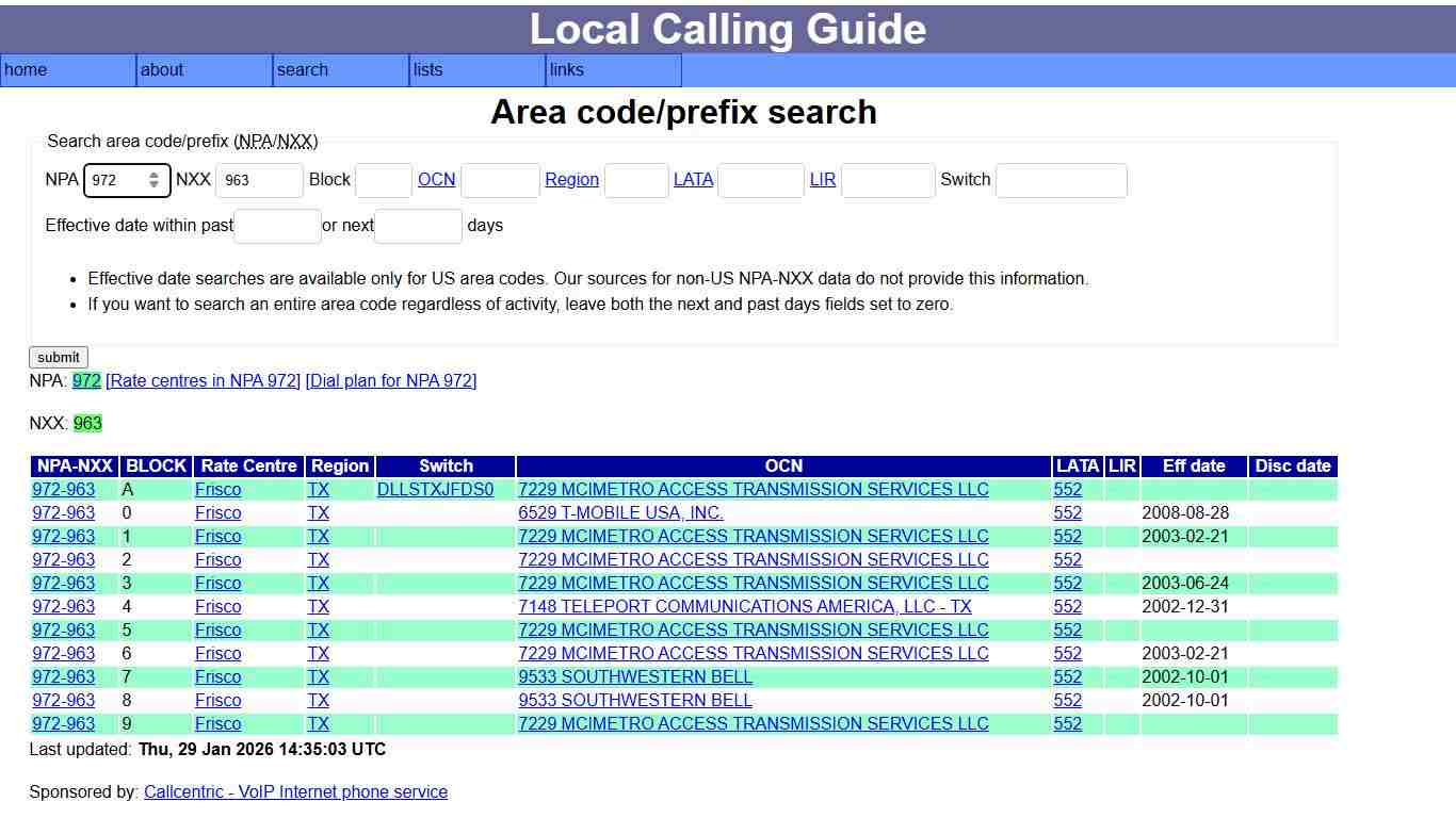 Local calling guide: NPA-NXX search